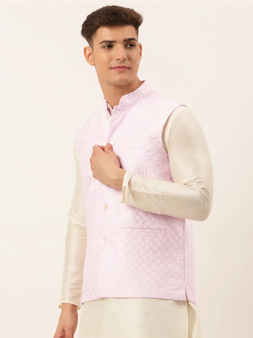 Jompers Men's Pink Pink and White Embroidered Nehru Jacket