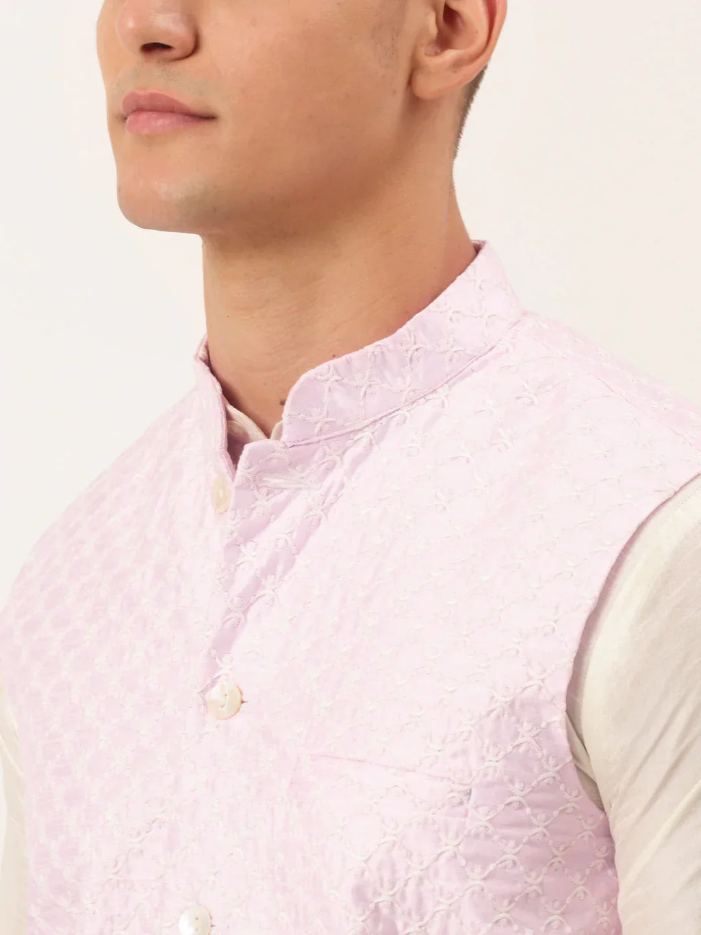Jompers Men's Pink Pink and White Embroidered Nehru Jacket