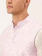 Jompers Men's Pink Pink and White Embroidered Nehru Jacket