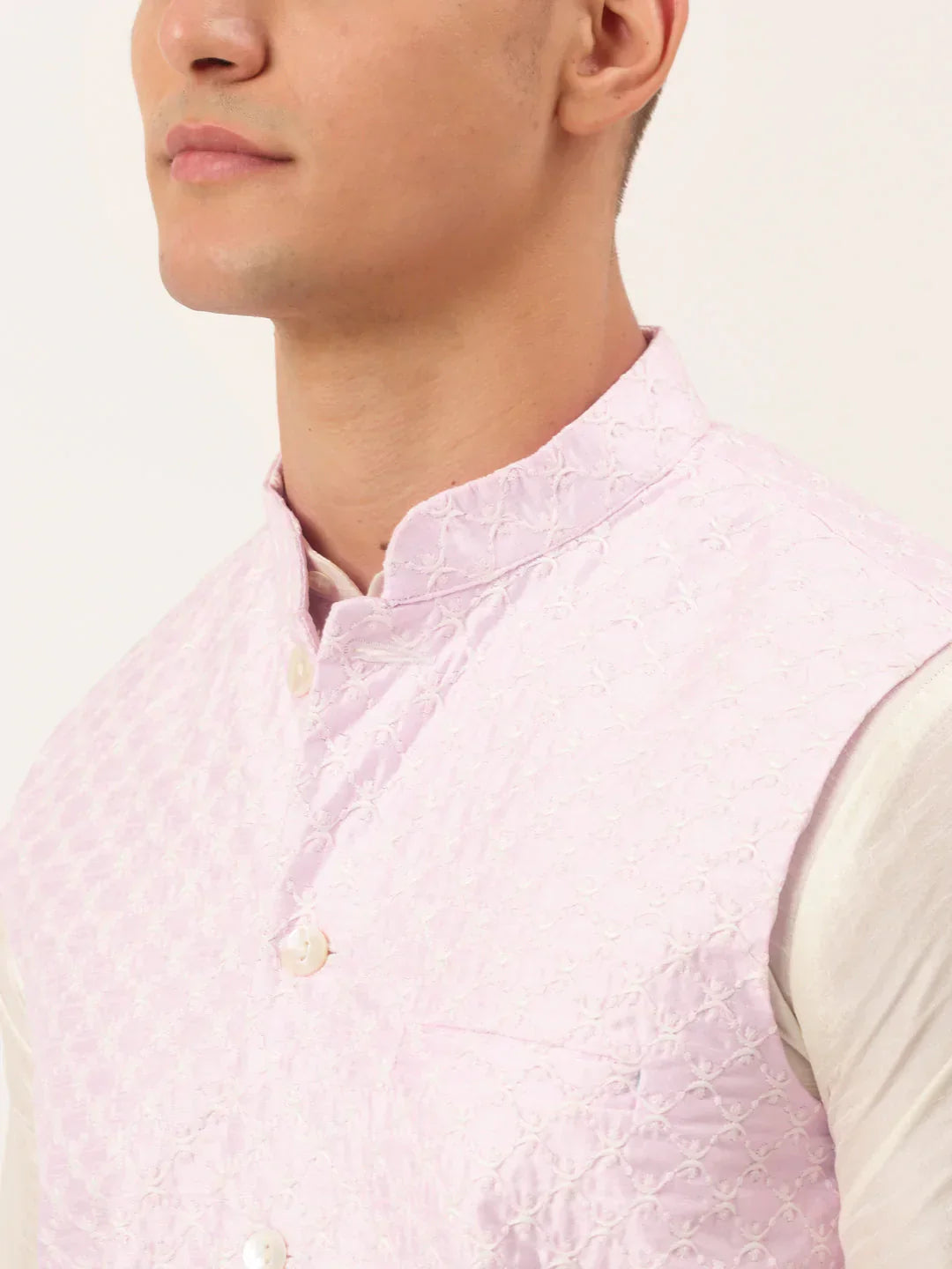 Jompers Men's Pink Pink and White Embroidered Nehru Jacket
