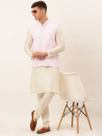 Jompers Men's Pink Pink and White Embroidered Nehru Jacket