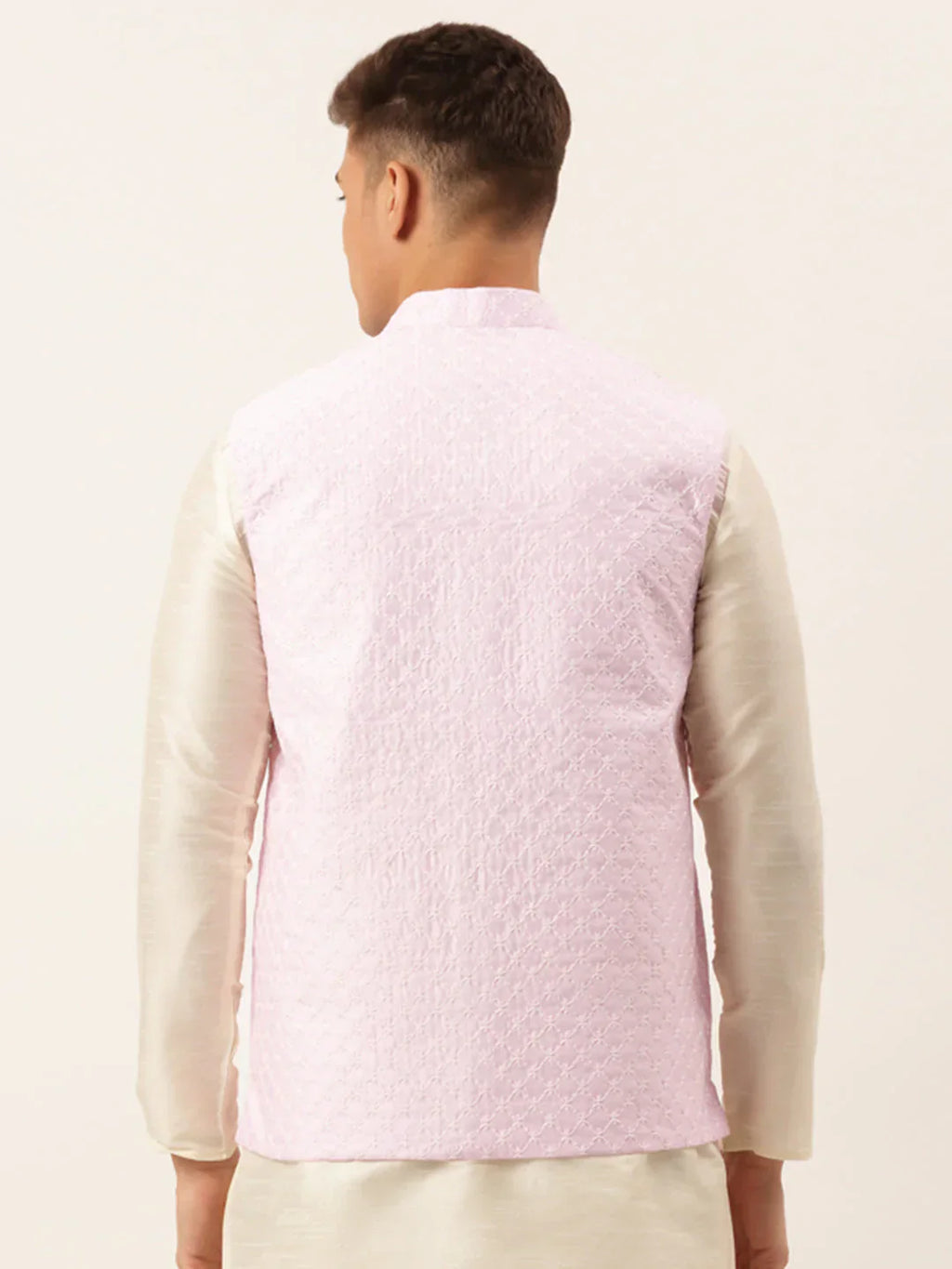 Jompers Men's Pink Pink and White Embroidered Nehru Jacket