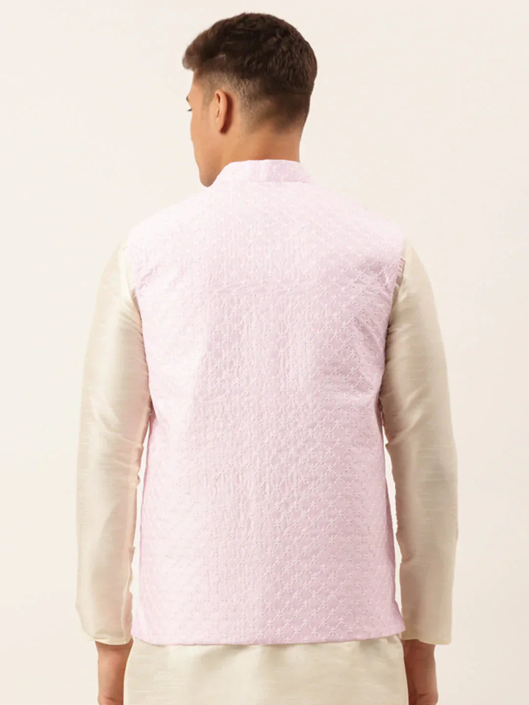Jompers Men's Pink Pink and White Embroidered Nehru Jacket