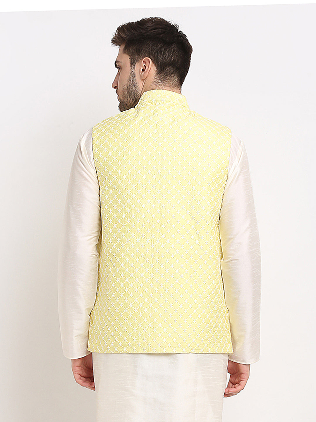 Jompers Men's Yellow Yellow and White Embroidered Nehru Jacket