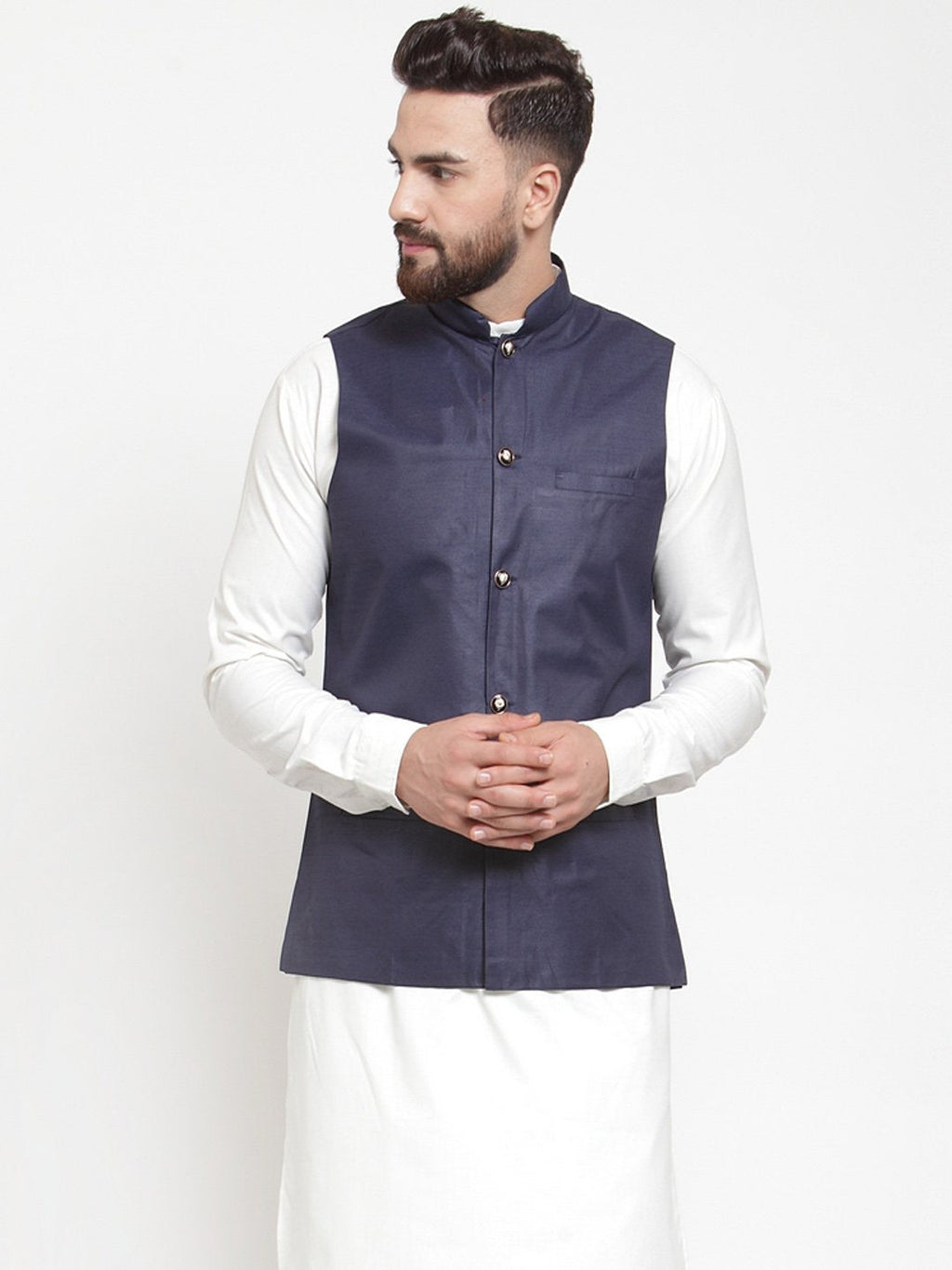 Jompers Men Navy-Blue Solid Nehru Jacket - Distacart