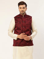 Jompers Men's Maroon & Black embossed Nehru Jacket