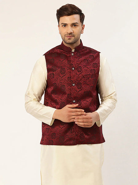 Jompers Men's Maroon & Black embossed Nehru Jacket
