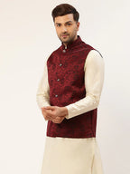 Jompers Men's Maroon & Black embossed Nehru Jacket