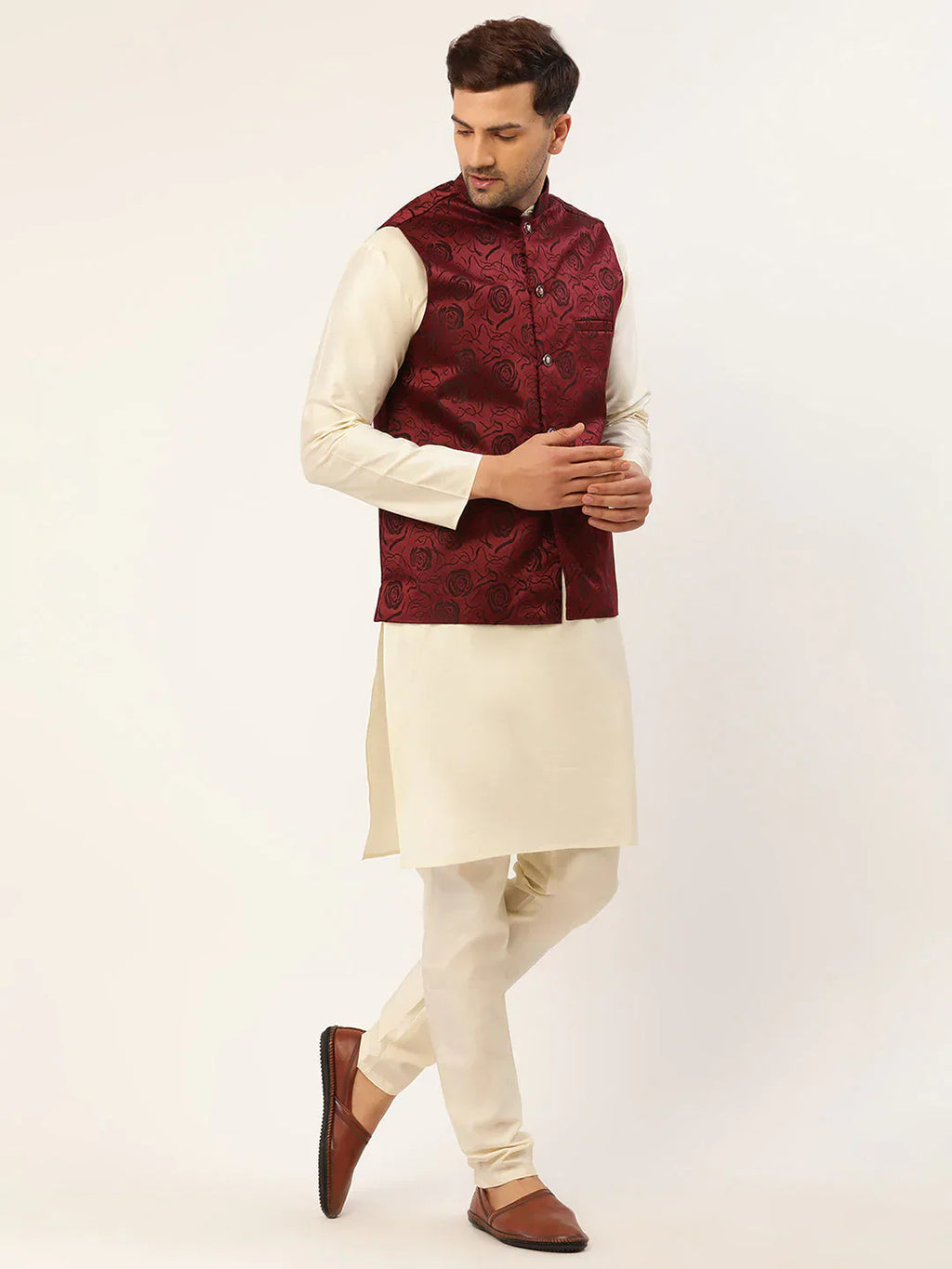 Jompers Men's Maroon & Black embossed Nehru Jacket