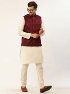 Jompers Men's Maroon & Black embossed Nehru Jacket