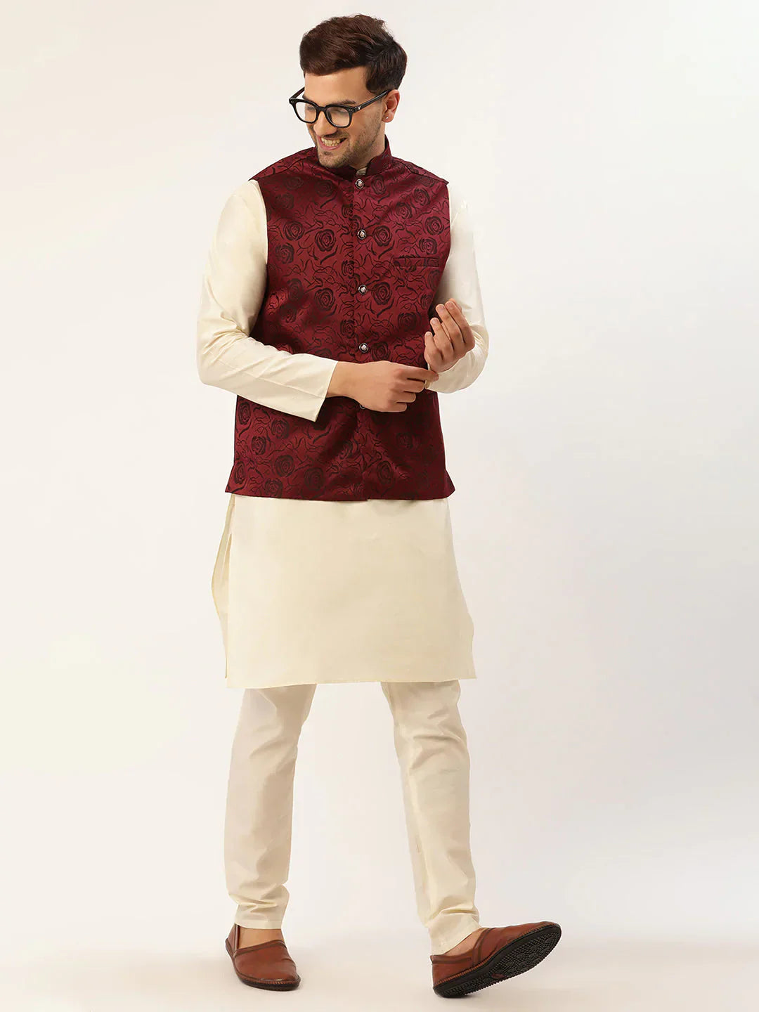 Jompers Men's Maroon & Black embossed Nehru Jacket