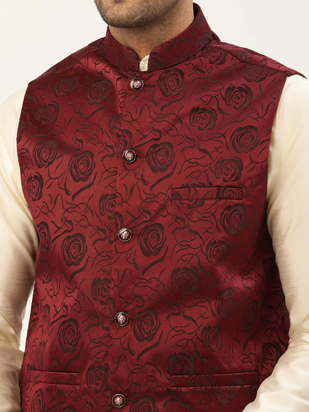 Jompers Men's Maroon & Black embossed Nehru Jacket
