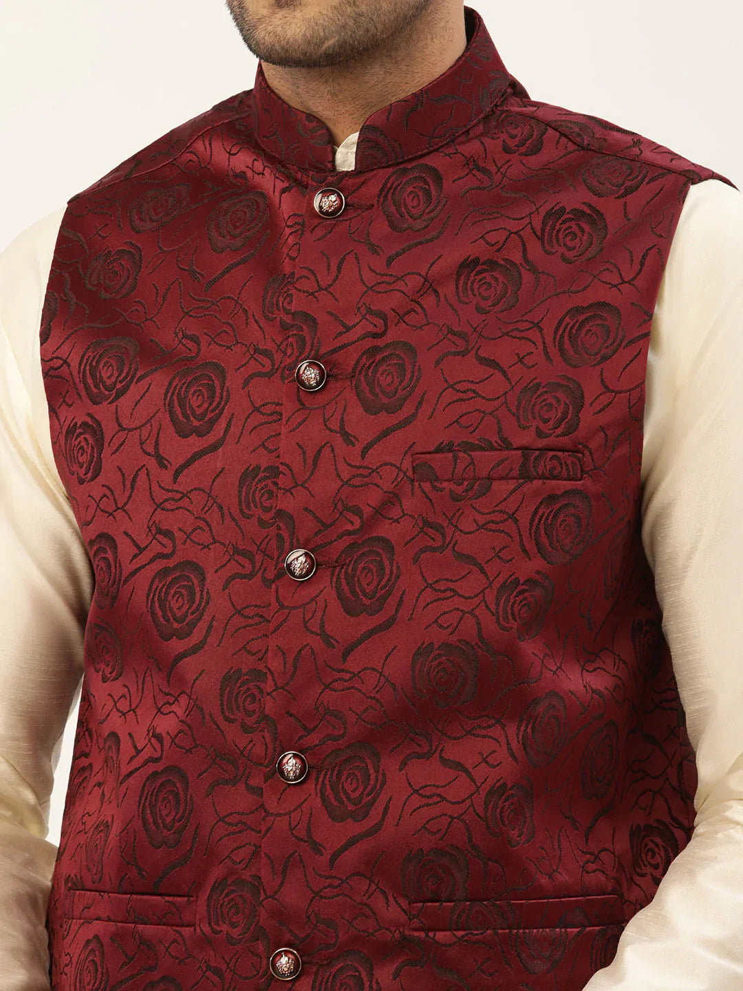 Jompers Men's Maroon & Black embossed Nehru Jacket