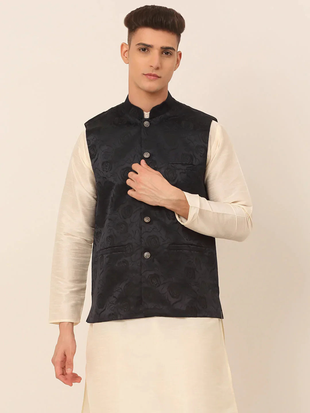 Jompers Men's Navy & Black embossed Nehru Jacket