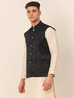 Jompers Men's Navy & Black embossed Nehru Jacket