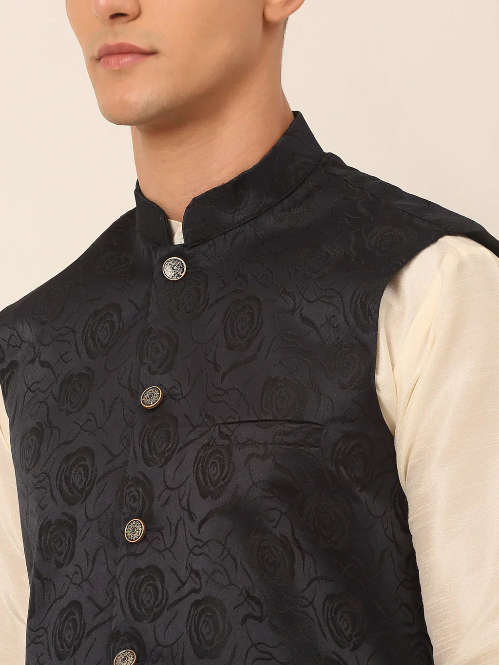 Jompers Men's Navy & Black embossed Nehru Jacket