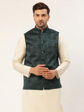 Jompers Men's Teal & Black embossed Nehru Jacket