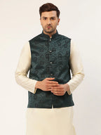 Jompers Men's Teal & Black embossed Nehru Jacket