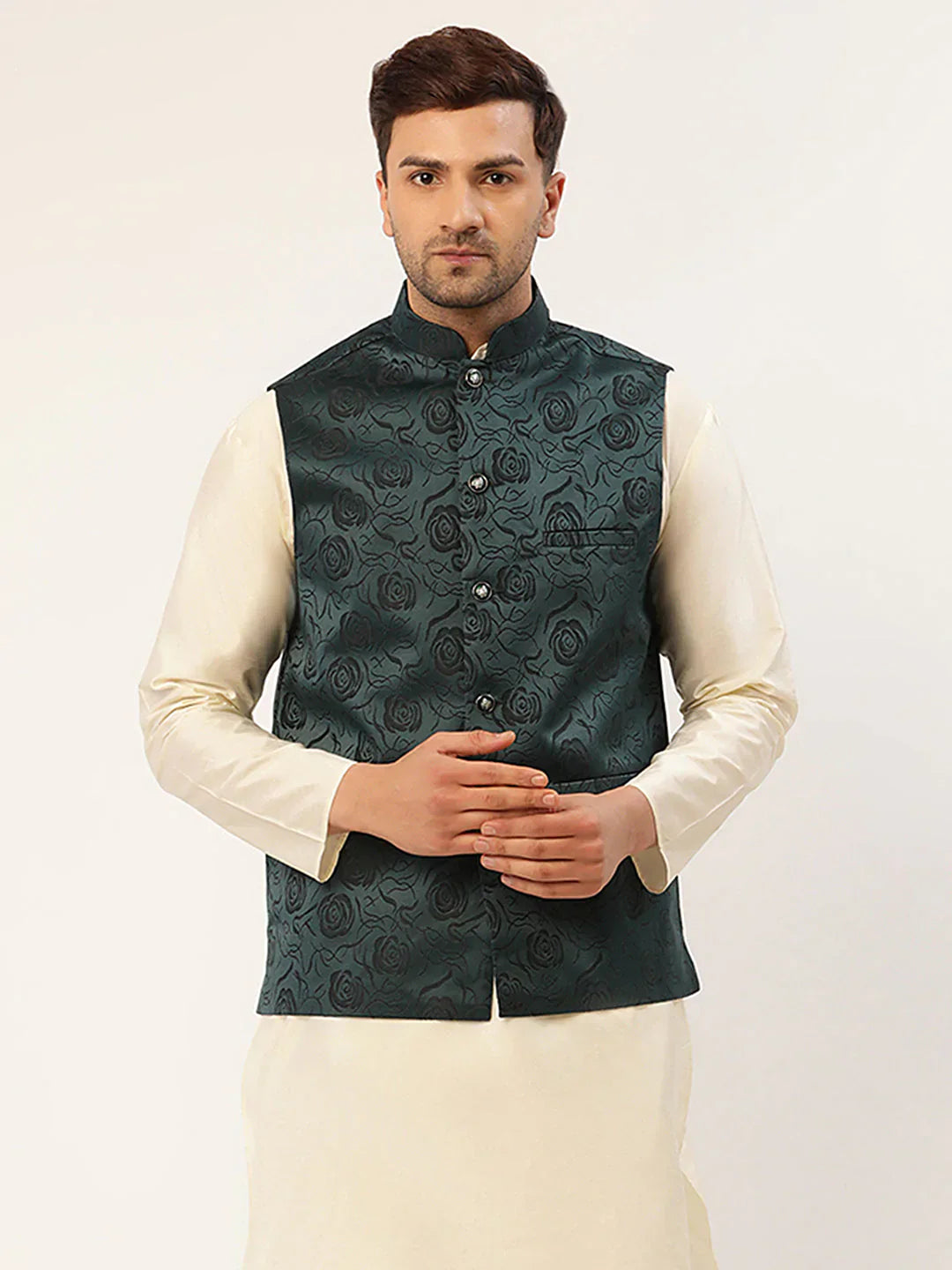 Jompers Men's Teal & Black embossed Nehru Jacket