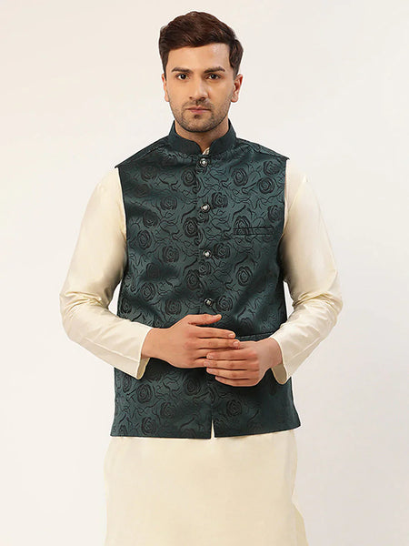 Jompers Men's Teal & Black embossed Nehru Jacket
