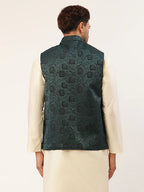 Jompers Men's Teal & Black embossed Nehru Jacket