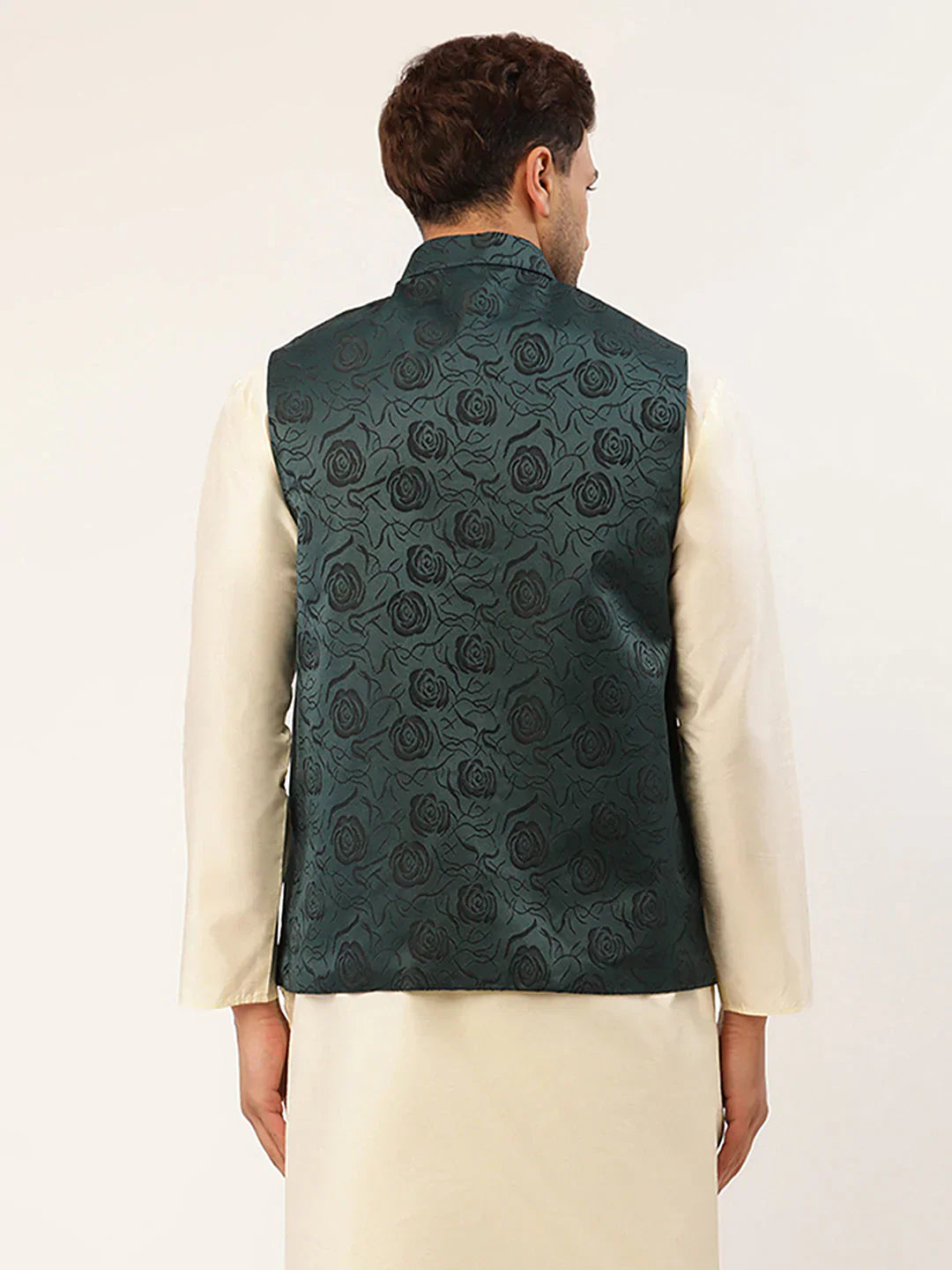 Jompers Men's Teal & Black embossed Nehru Jacket