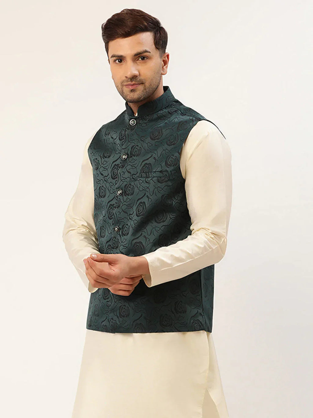 Jompers Men's Teal & Black embossed Nehru Jacket
