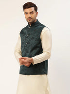 Jompers Men's Teal & Black embossed Nehru Jacket