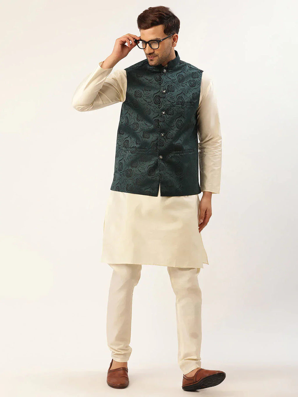 Jompers Men's Teal & Black embossed Nehru Jacket
