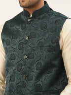 Jompers Men's Teal & Black embossed Nehru Jacket