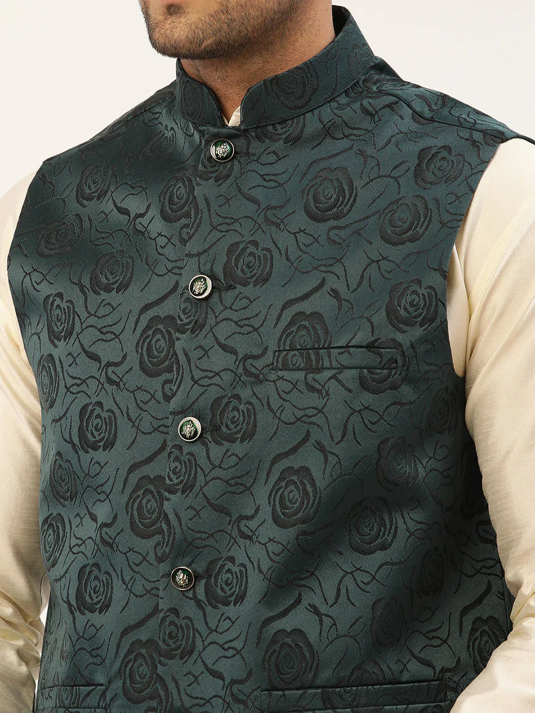 Jompers Men's Teal & Black embossed Nehru Jacket
