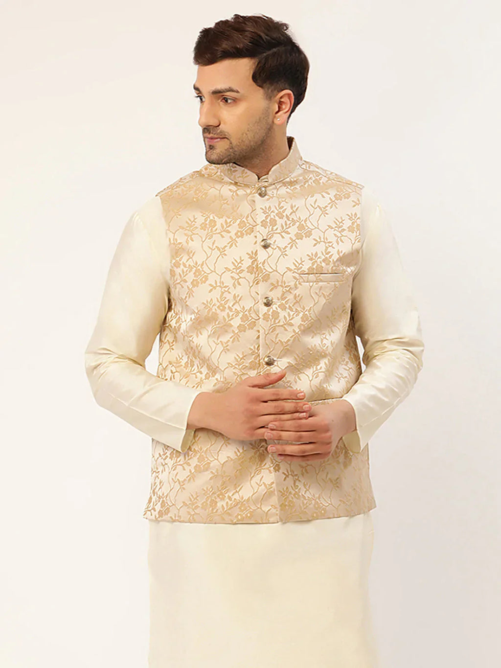 Jompers Men's Beige embossed Nehru Jacket