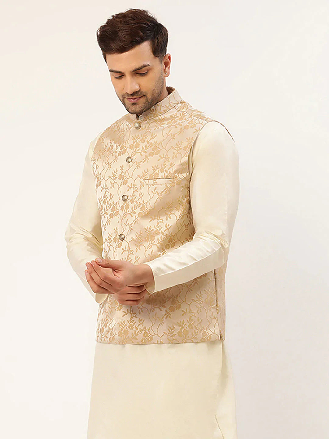 Jompers Men's Beige embossed Nehru Jacket