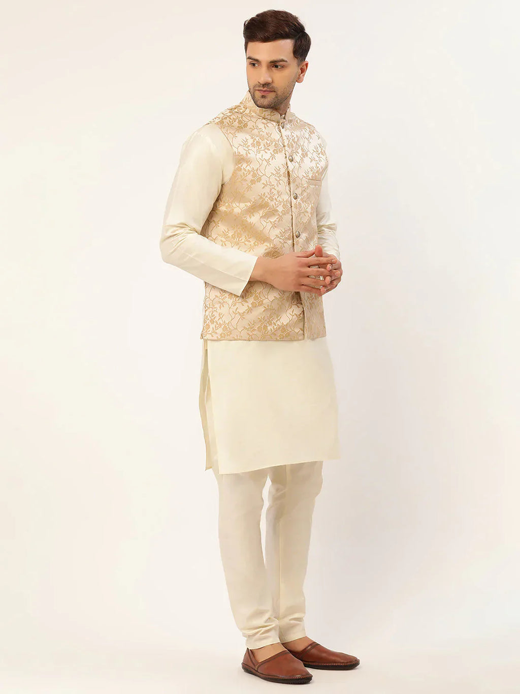 Jompers Men's Beige embossed Nehru Jacket
