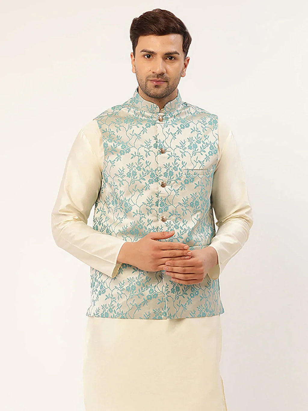 Jompers Men's Blue embossed Nehru Jacket