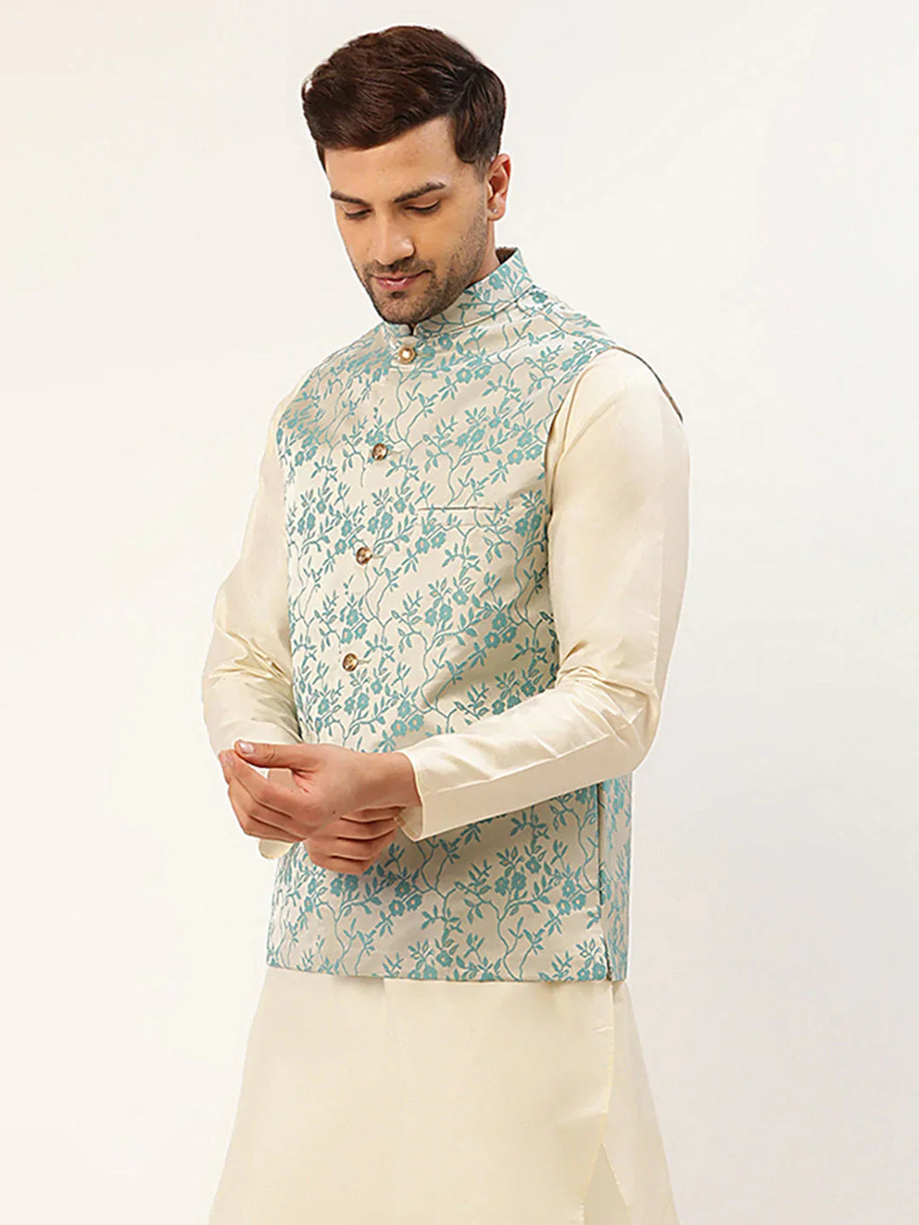 Jompers Men's Blue embossed Nehru Jacket