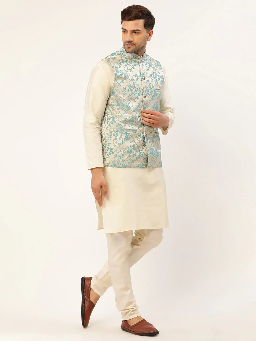 Jompers Men's Blue embossed Nehru Jacket