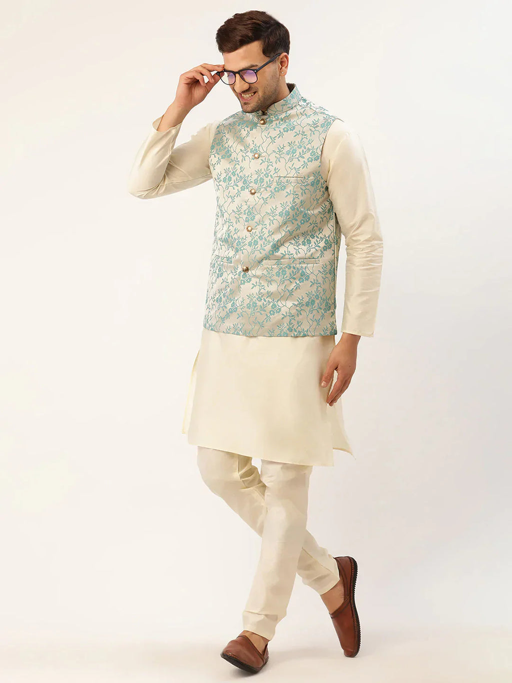 Jompers Men's Blue embossed Nehru Jacket