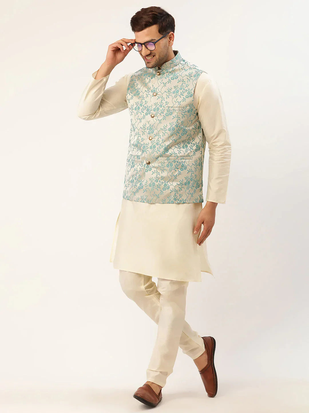 Jompers Men's Blue embossed Nehru Jacket
