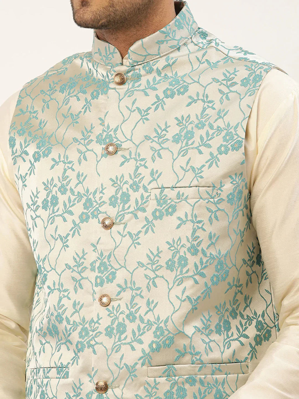Jompers Men's Blue embossed Nehru Jacket