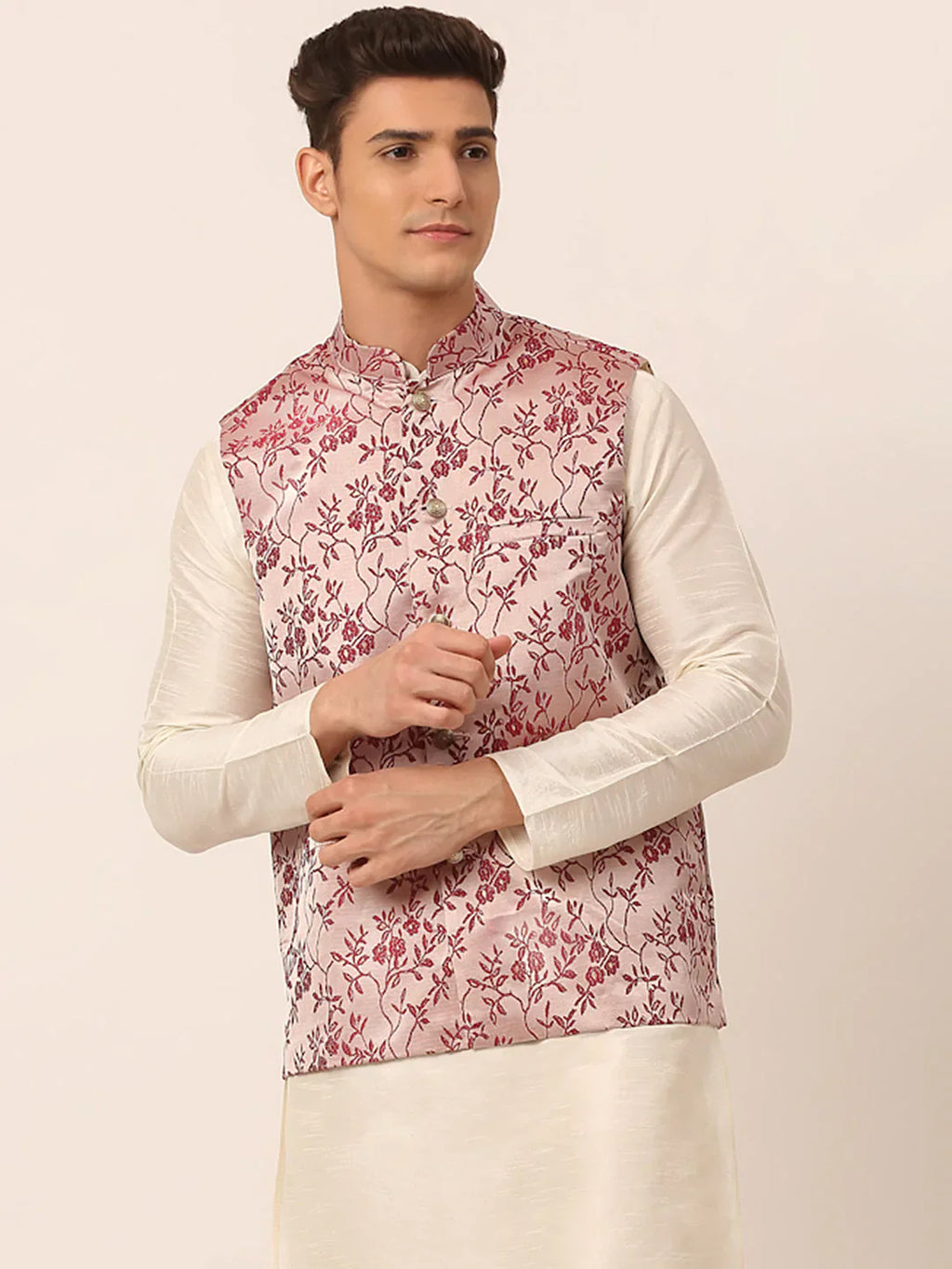 Jompers Men's Maroon Floral Design Nehru Jacket