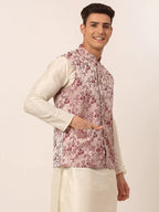 Jompers Men's Maroon Floral Design Nehru Jacket
