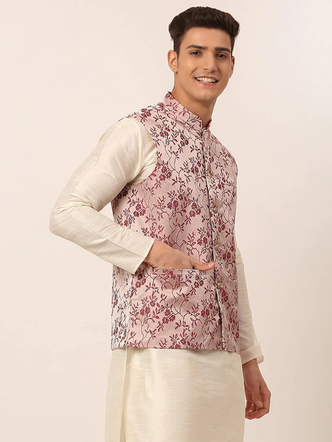 Jompers Men's Maroon Floral Design Nehru Jacket