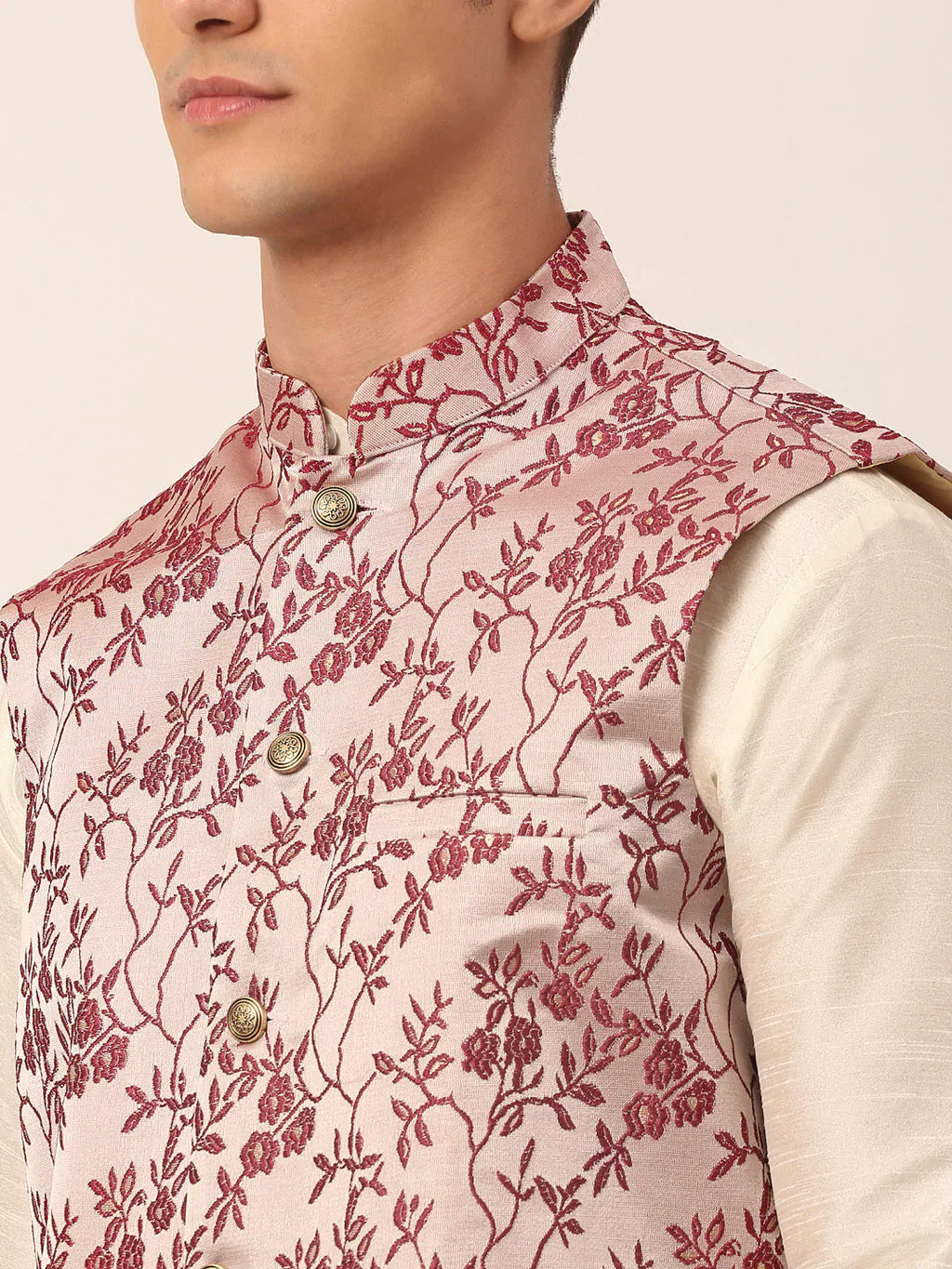 Jompers Men's Maroon Floral Design Nehru Jacket