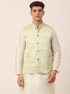 Jompers Men's Pista Green Floral Design Nehru Jacket