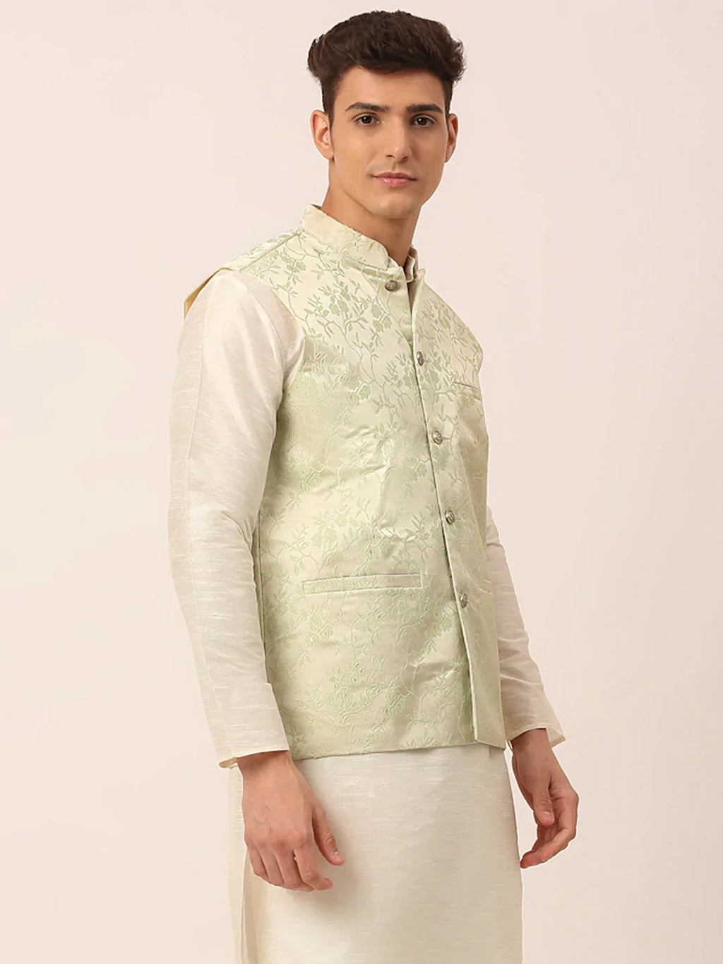 Jompers Men's Pista Green Floral Design Nehru Jacket