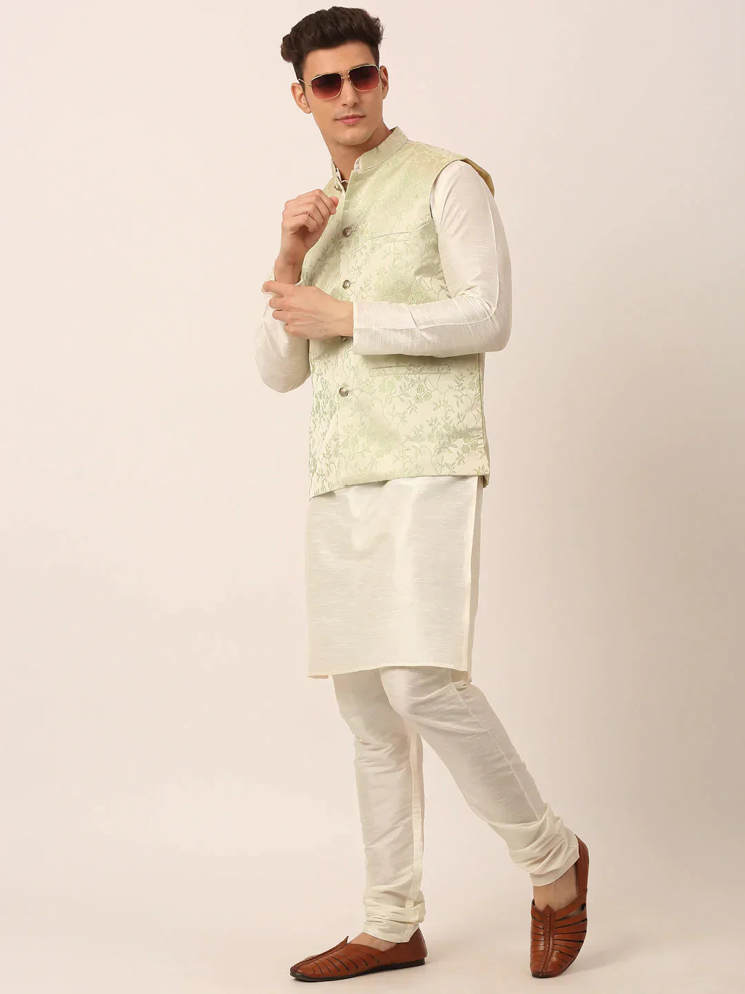 Jompers Men's Pista Green Floral Design Nehru Jacket