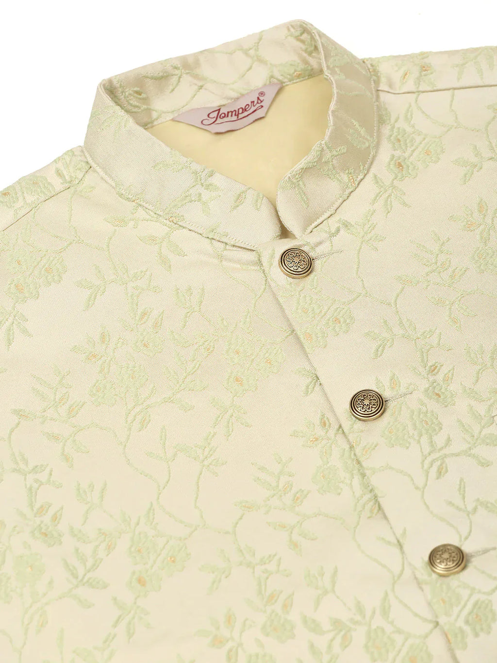 Jompers Men's Pista Green Floral Design Nehru Jacket