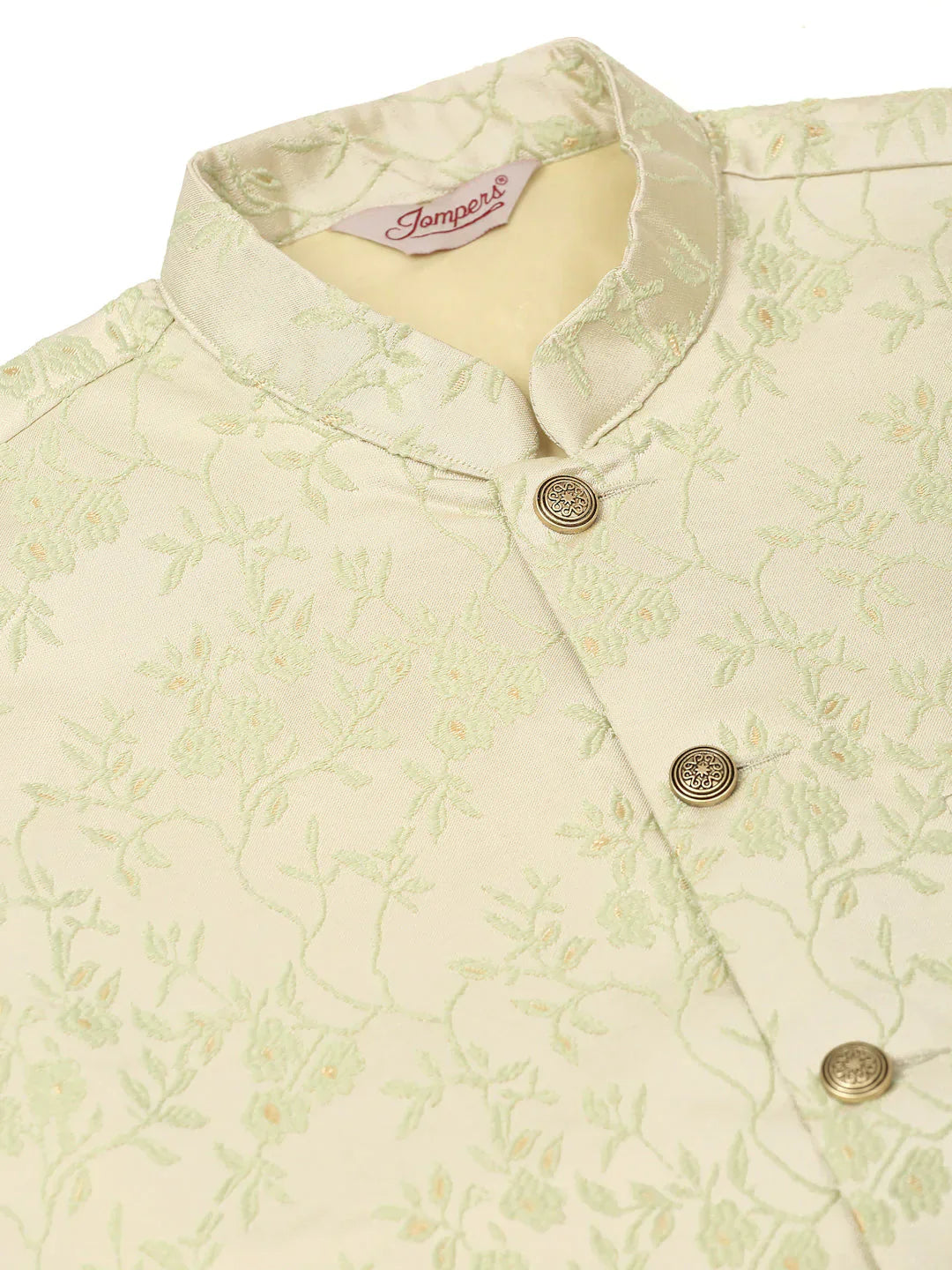 Jompers Men's Pista Green Floral Design Nehru Jacket