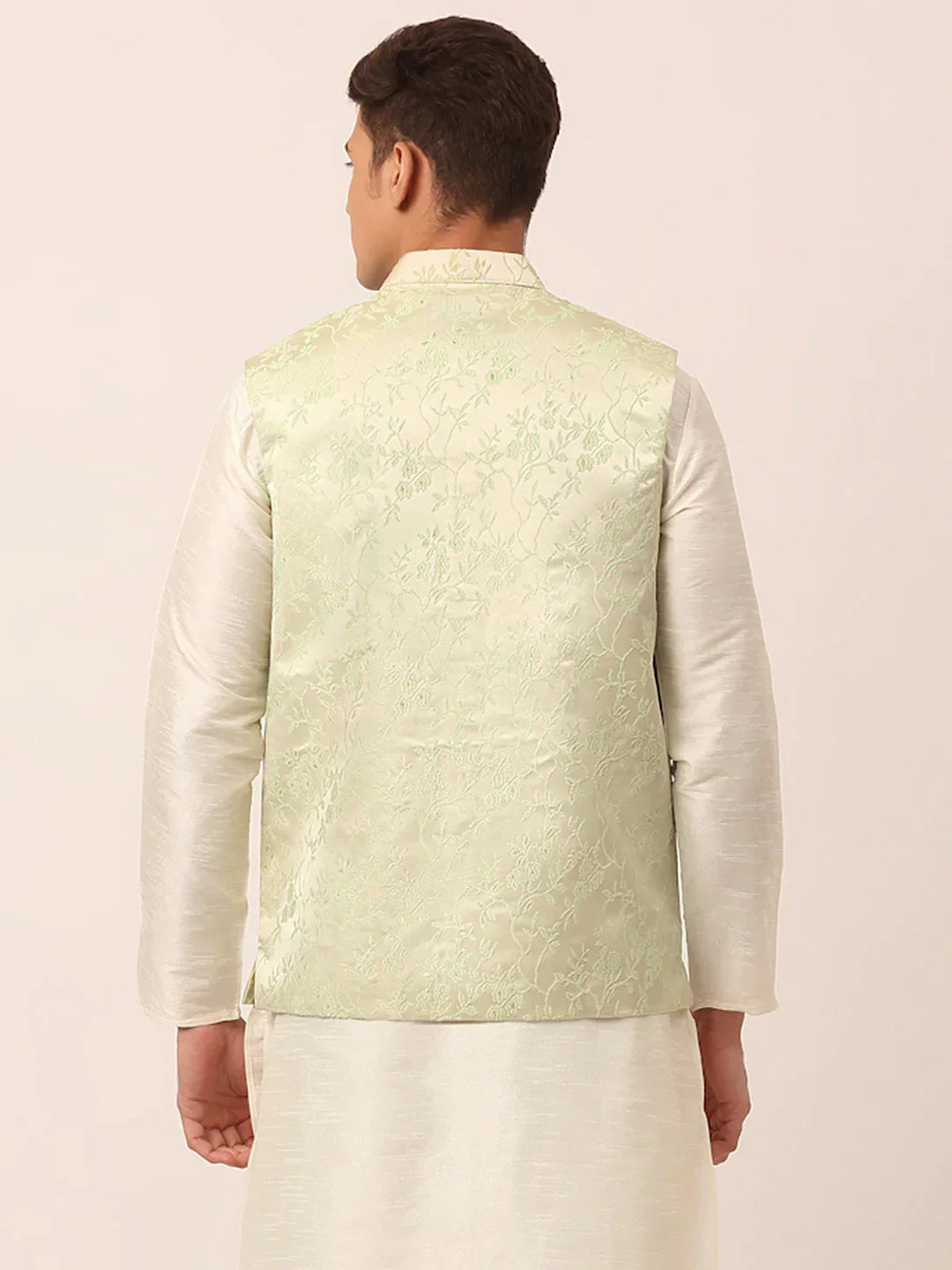 Jompers Men's Pista Green Floral Design Nehru Jacket
